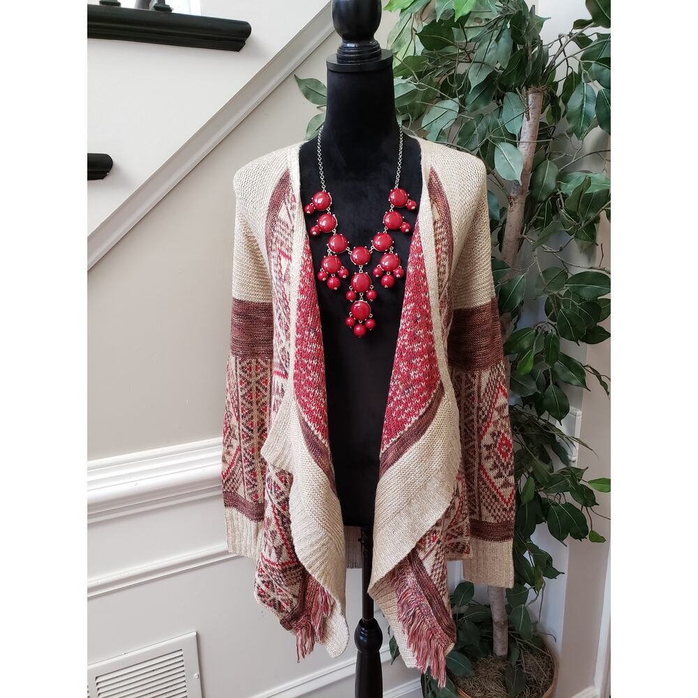 Lucky Brand Cardigan Womensβ M Beige Knit Boho Fringe Festival Draped Open Front